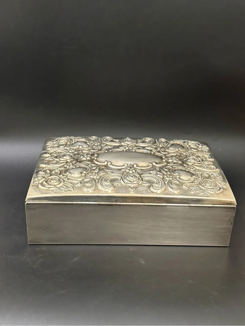 Vintage GODINGER Silver Plated Repousse Large Blue Velvet lined Jewelry Box